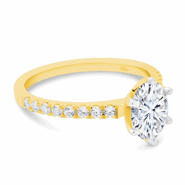 Rosewood Oval 8X6 Angled Yellow Gold Moissanite 4 Prong Open Basket Fine U Prong Half Band Ring