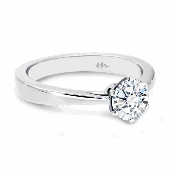Taylor 6 5 Angled White Gold Moissanite 6 Prong A Flat Tapered Band Solitaire Ring