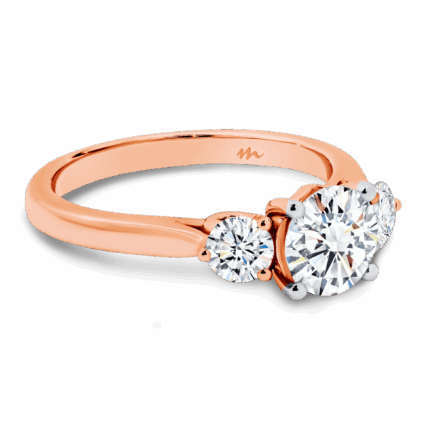 Theresa 6 5 Angled Rose Gold Moissanite 4 Prong Trilogy Heart Gallery Knife Edge Band Ring