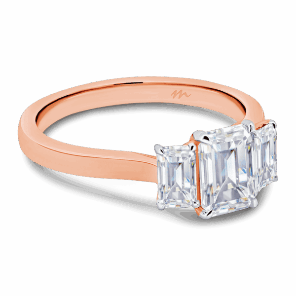 Alexa 7X5 Angled Rose Gold Moissanite Prong Set Plain Band Trilogy Ring