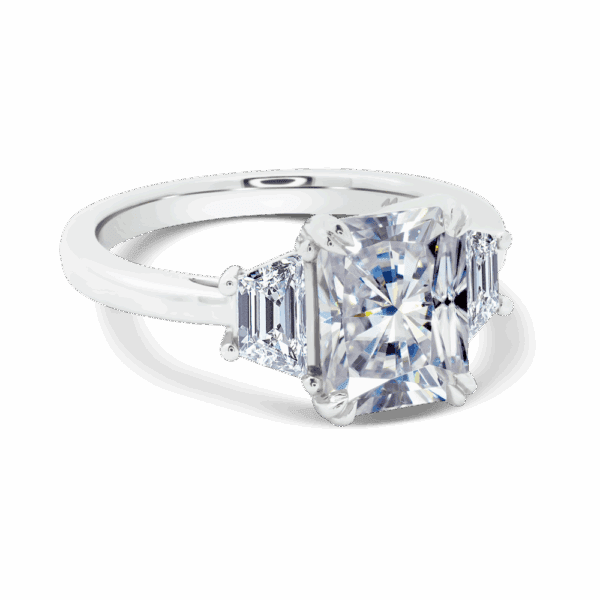Aubrey Radiant 9X7 Angled White Gold Moissanite Radiant Trapezoid Double Prong Set Trilogy Ring