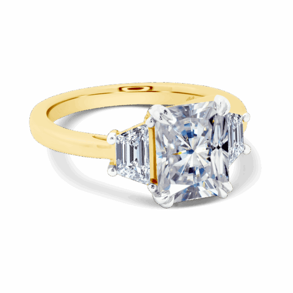 Aubrey Radiant 9X7 Angled Yellow Gold Moissanite Trapezoid Double Prong Set Trilogy Ring
