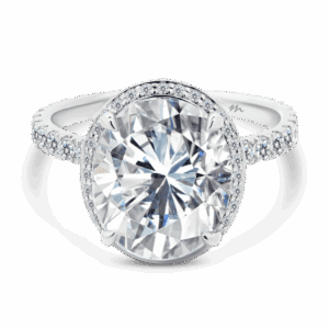 Capri Front White Gold Moissanite Oval Pave Set Gallery Knife Edge Halo Ring