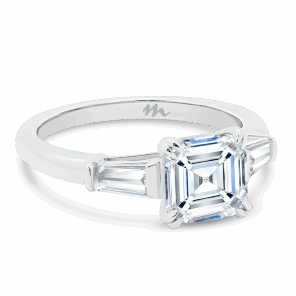 Debbie Asscher 7 0 Angled White Gold Moissanite Prong Set Tapered Side Stones Trilogy Ring