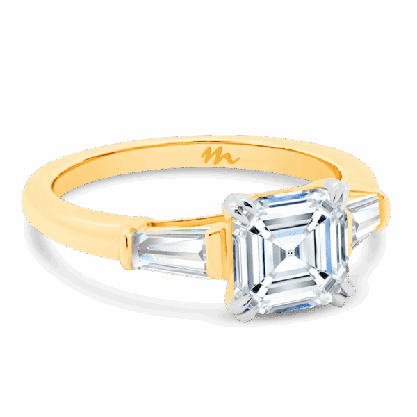 Debbie Asscher 7 0 Angled Yellow Gold Moissanite Prong Set Tapered Side Stones Trilogy Ring