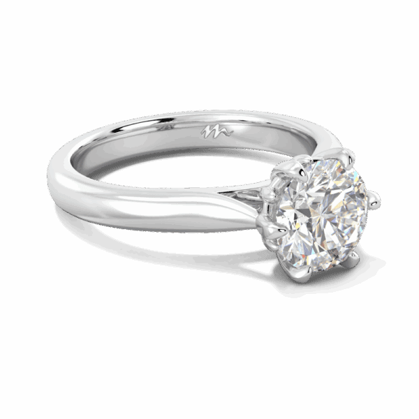 Gum Blossom 7 5 Angled White Gold Moissanite 6 Prong Plain Tapered Band Flower Design Solitaire Ring
