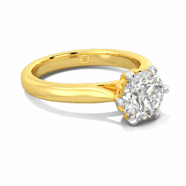 Gum Blossom 7 5 Angled Yellow Gold Lab Grown Diamond 6 Prong Plain Tapered Band Flower Design Solitaire Ring
