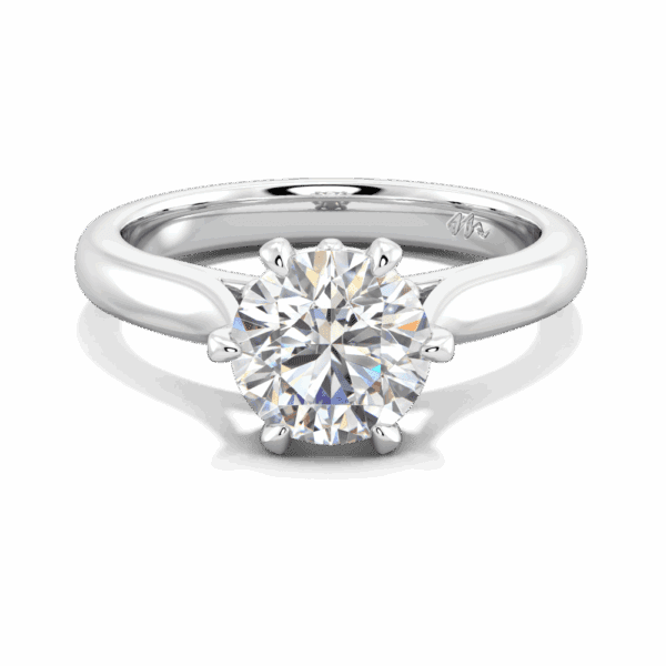 Gum Blossom 7 5 Front White Gold Moissanite 6 Prong Plain Tapered Band Flower Design Solitaire Ring