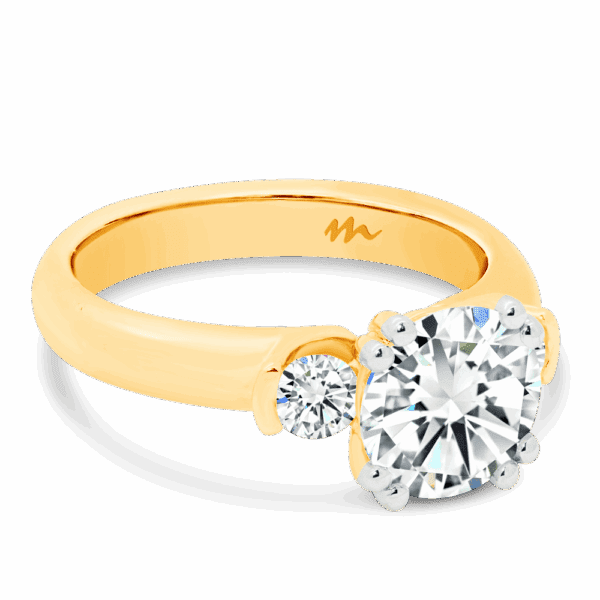 Katharine 8 0 Angled Yellow Gold Moissanite Double Prong Half Bezel Side Stones Trilogy Ring