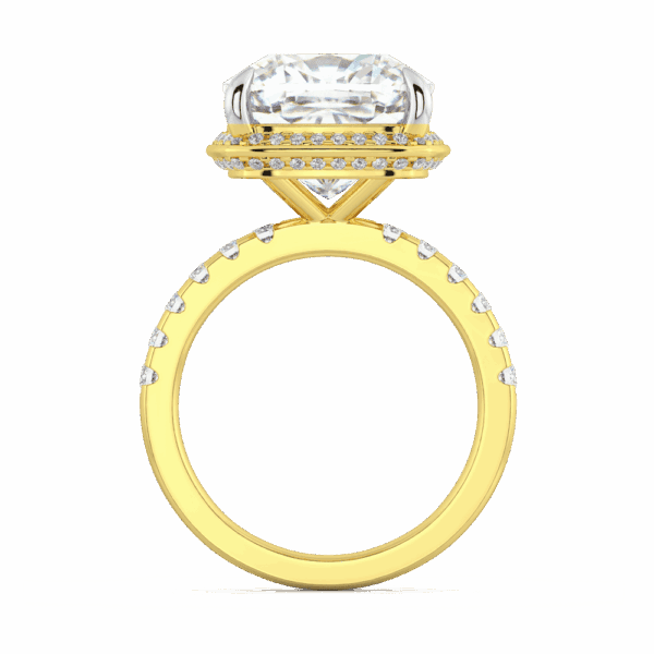 Katrina Side Yellow Gold Moissanite Cushion Hidden Knife Edge Halo Half Band Ring