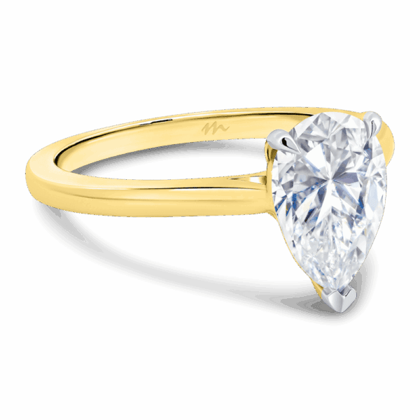 Lydia Pear 10X7 Angled Yellow Gold Moissanite Pear Cut On 3 Prong Rounded Band Solitaire Ring