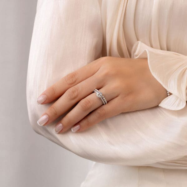 Model Wears Amelia 1 02Ct White Gold Diamond Protea Floral Basket Engagement Ring Gracie 2 0 Scalloped Round Ring