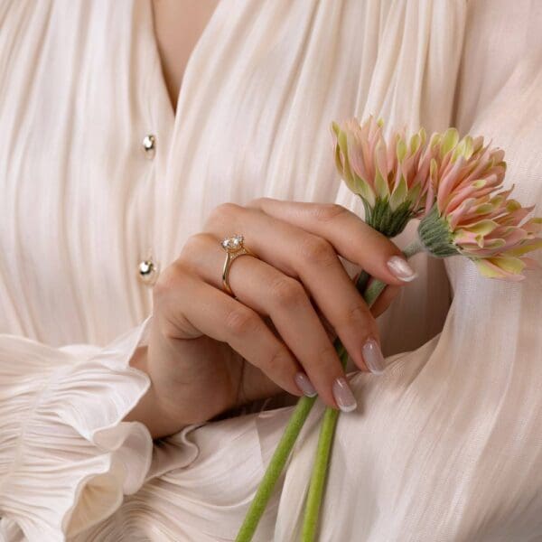 Model Wears Coral 2 00Ct Yellow Gold Diamond Accented Bridge Protea Basket 6 Prong Solitaire Ring
