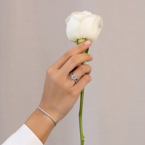 Model Wears Coral 3 07Ct White Gold Diamond Protea Basket Accented Bridge Solitaire Ring Gracie 2 0 Scalloped Round Ring