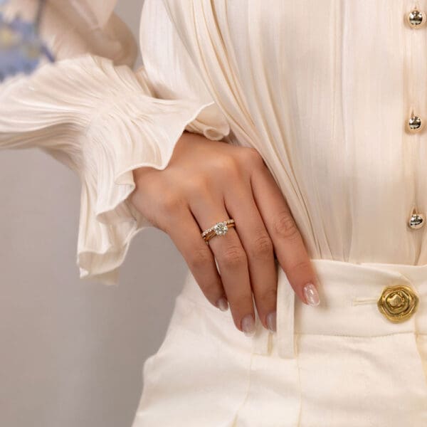 Model Wears Correa 1 52Ct Yellow Gold Diamond Floral Basket Solitaire Tapered Band Ring Gracie 2 0 Scalloped Round Ring