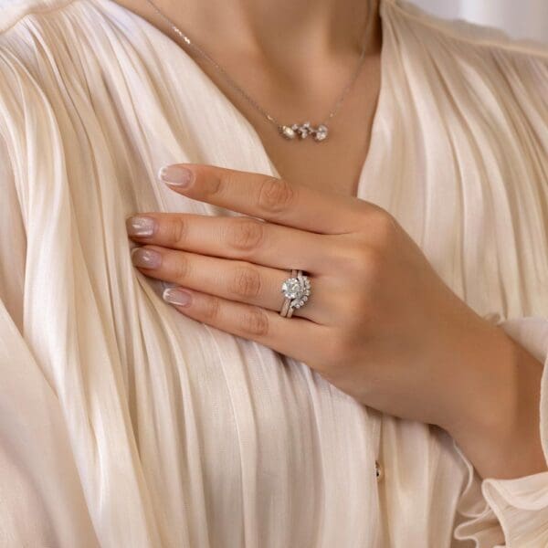 Model Wears Gum Blossom 9 0 White Gold Diamond Flower Design Solitaire Soraya Moissanite Graduated Round Tiara Jigsaw Ring
