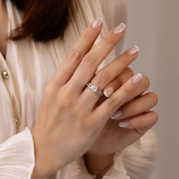 Model Wears Harmony Cushion 1 50Ct Yellow Gold Diamond Encrusted Under Rail Bridge Ring Angela 1 7 U Prong Half Set Ring