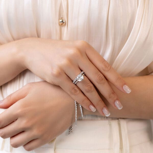 Model Wears Harmony Cushion 9 0 White Gold Diamond Encrusted Under Rail Bridge Gracie 2 0 Moissanite Scalloped Round Ring