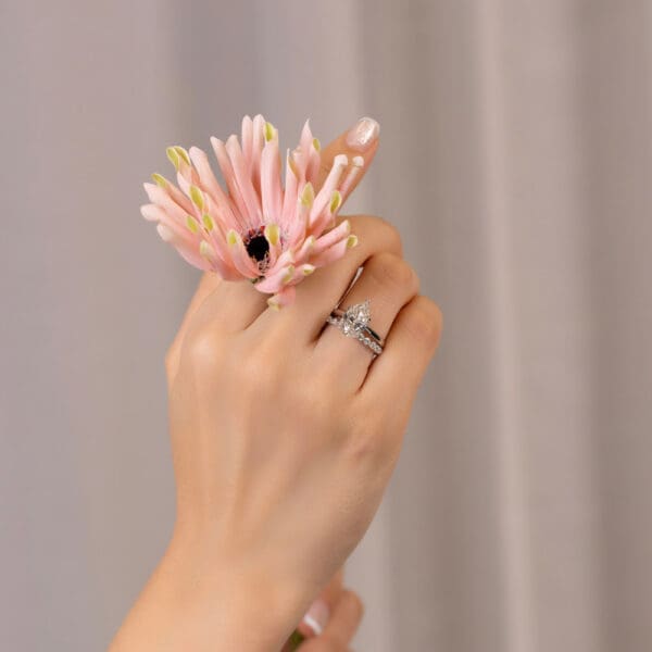 Model Wears Monet Pear 2 78Ct White Gold Diamond Accented Bridge Petal Basket Ring Gracie 2 0 Scalloped Round Ring