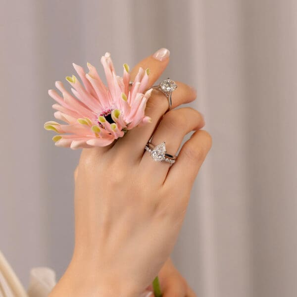 Model Wears Monet Pear 2 78Ct White Gold Diamond Petal Basket Primrose Oval 3 03Ct Accented Bridge Gracie 2 0 Scalloped Ring