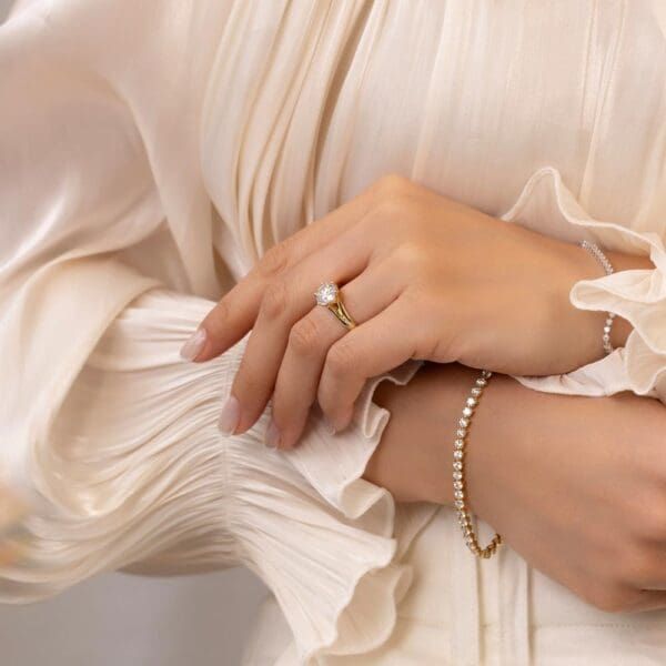 Model Wears Peony 8 0 Yellow Gold Moissanite Split Band 6 Prong Leaf Design Solitaire Ring