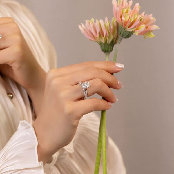 Model Wears Primrose Radiant 2 57Ct White Gold Diamond Underrail Accented Bridge Petal Basket Gracie 2 0 Scalloped Round Ring