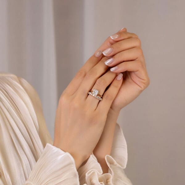 Model Wears Primrose Square Princess 2 51Ct Yellow Gold Diamond Accented Bridge Petal Basket Maxine A Open Scalloped Ring