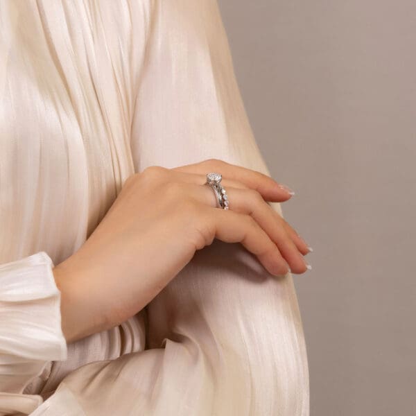 Model Wears Protea 7 5 White Gold Moissanite Floral Gallery And Split Shank Solitaire Ring Gracie 2 5 Scalloped Round Ring