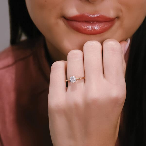 Model Wears Taylor 6 0 Diamond Prong A Flat Tapered Band Solitaire Ring