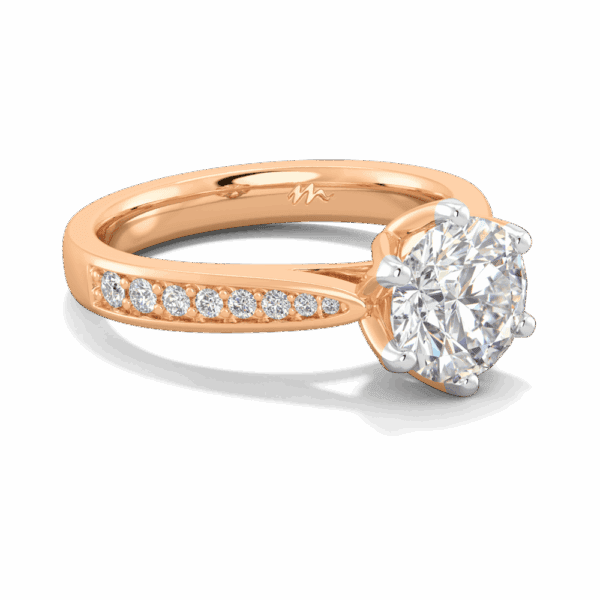 Passion 7 5 Angled Rose Gold Moissanite Floral Gallery Tapered Pave Cathedral Setting Engagement Ring