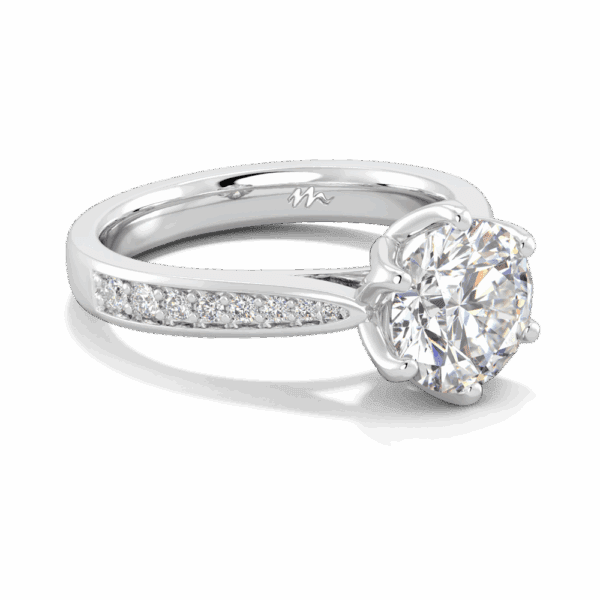 Passion 8 0 Angled White Gold Moissanite Floral Gallery Tapered Pave Cathedral Setting Engagement Ring