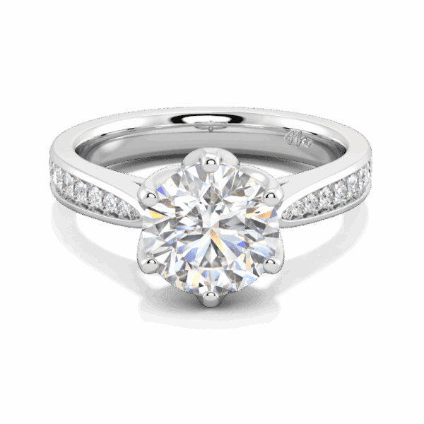 Passion 8 0 Front White Gold Moissanite Floral Gallery Tapered Pave Cathedral Setting Engagement Ring