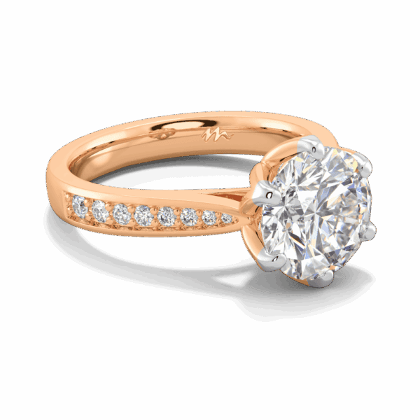 Passion 9 0 Angled Rose Gold Moissanite Floral Gallery Tapered Pave Cathedral Setting Engagement Ring
