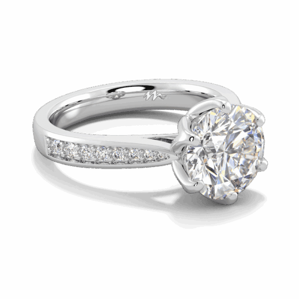 Passion 9 0 Angled White Gold Moissanite Floral Gallery Tapered Pave Cathedral Setting Engagement Ring