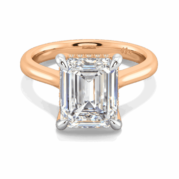 Primrose Emerald 10X8 Front Rose Gold Moissanite Petal Basket Underrail Accented Bridge Engagement Ring