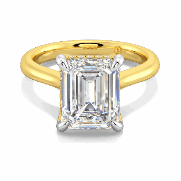 Primrose Emerald 10X8 Front Yellow Gold Lab Grown Diamond Petal Basket Underrail Accented Bridge Engagement Ring