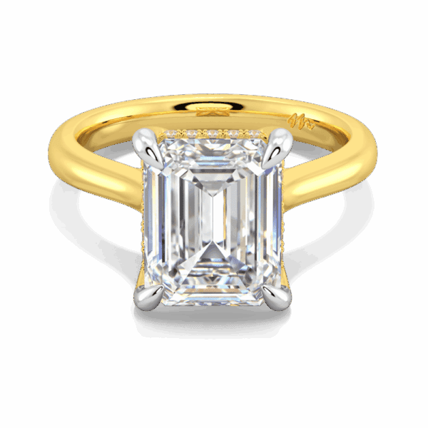 Primrose Emerald 10X8 Front Yellow Gold Moissanite Petal Basket Underrail Accented Bridge Engagement Ring
