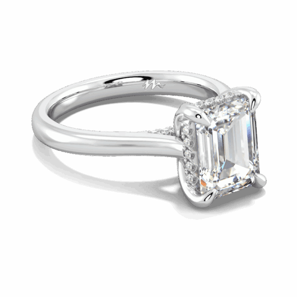 Primrose Emerald 9X7 Angled White Gold Moissanite Petal Basket Underrail Accented Bridge Engagement Ring