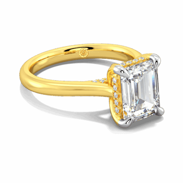 Primrose Emerald 9X7 Angled Yellow Gold Lab Grown Diamond Petal Basket Underrail Accented Bridge Engagement Ring