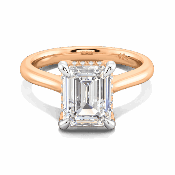Primrose Emerald 9X7 Front Rose Gold Moissanite Petal Basket Underrail Accented Bridge Engagement Ring