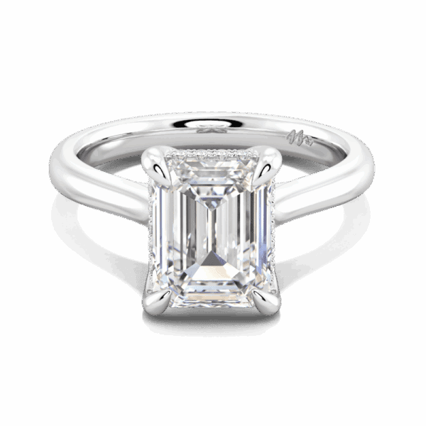 Primrose Emerald 9X7 Front White Gold Moissanite Petal Basket Underrail Accented Bridge Engagement Ring