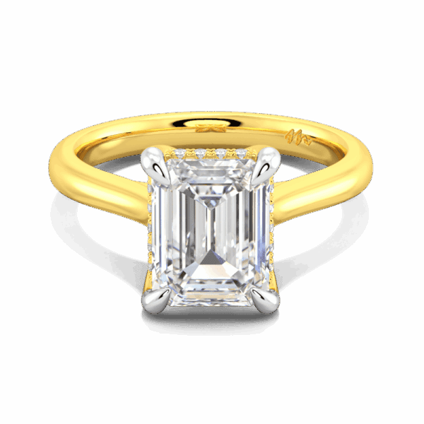 Primrose Emerald 9X7 Front Yellow Gold Moissanite Petal Basket Underrail Accented Bridge Engagement Ring