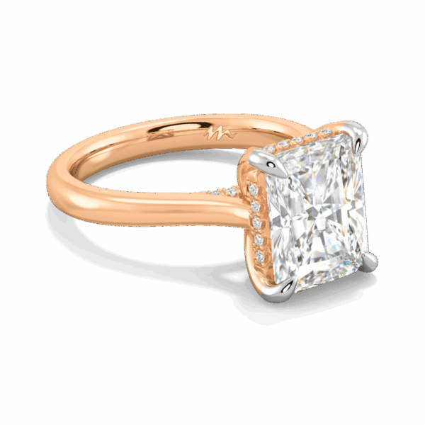 Primrose Radiant 10X8 Angled Rose Gold Moissanite Petal Basket Underrail Accented Bridge Engagement Ring