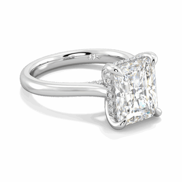 Primrose Radiant 10X8 Angled White Gold Moissanite Petal Basket Underrail Accented Bridge Engagement Ring