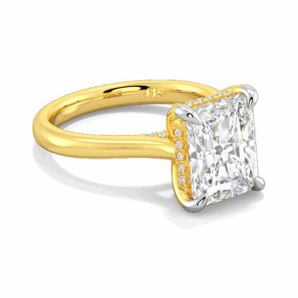 Primrose Radiant 10X8 Angled Yellow Gold Moissanite Petal Basket Underrail Accented Bridge Engagement Ring