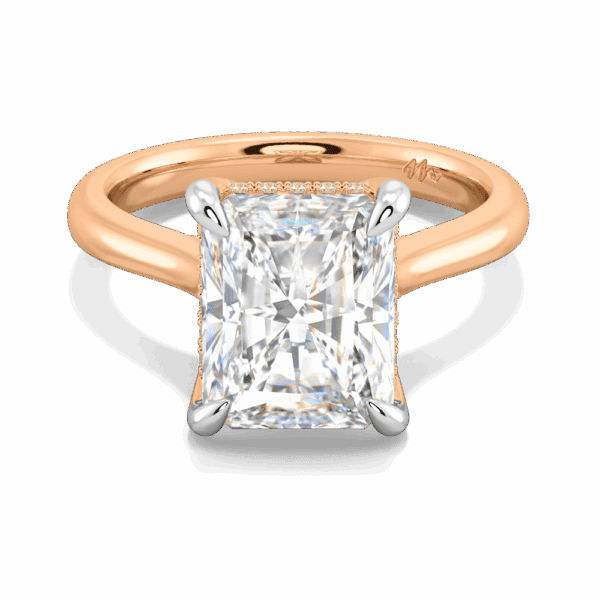 Primrose Radiant 10X8 Front Rose Gold Moissanite Petal Basket Underrail Accented Bridge Engagement Ring