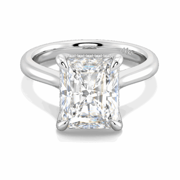 Primrose Radiant 10X8 Front White Gold Moissanite Petal Basket Underrail Accented Bridge Engagement Ring