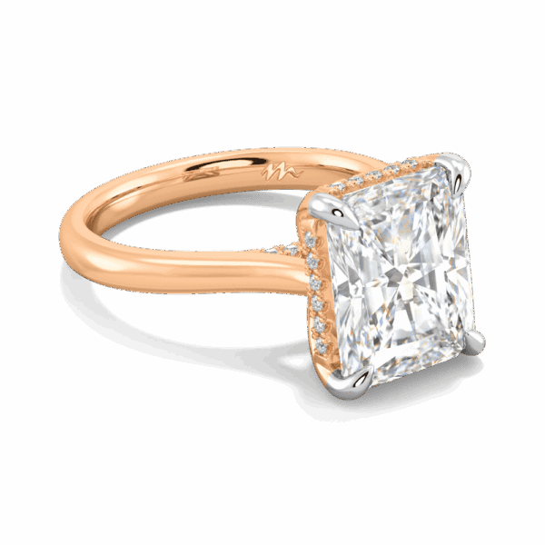 Primrose Radiant 11X9 Angled Rose Gold Moissanite Petal Basket Underrail Accented Bridge Engagement Ring