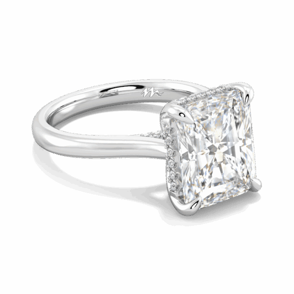 Primrose Radiant 11X9 Angled White Gold Moissanite Petal Basket Underrail Accented Bridge Engagement Ring