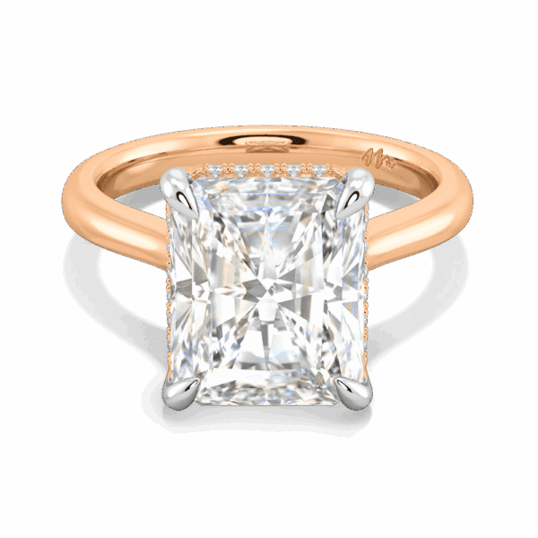 Primrose Radiant 11X9 Front Rose Gold Moissanite Petal Basket Underrail Accented Bridge Engagement Ring
